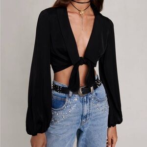 Maje Satin Tie-Front Shirt in Black